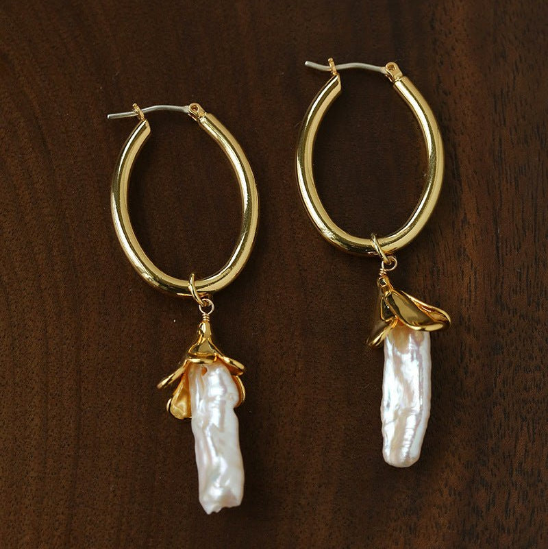 2-in-1 Detachable Baroque Pearl Lily Earrings - Vintage 18K Gold Hoop with Pearl Drop