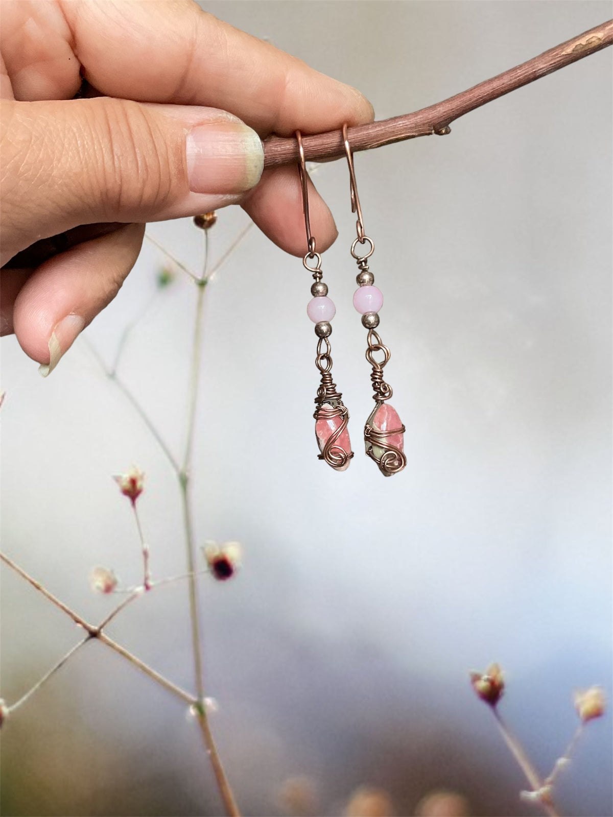 Rhodochrosite Earrings With Rose Quartz