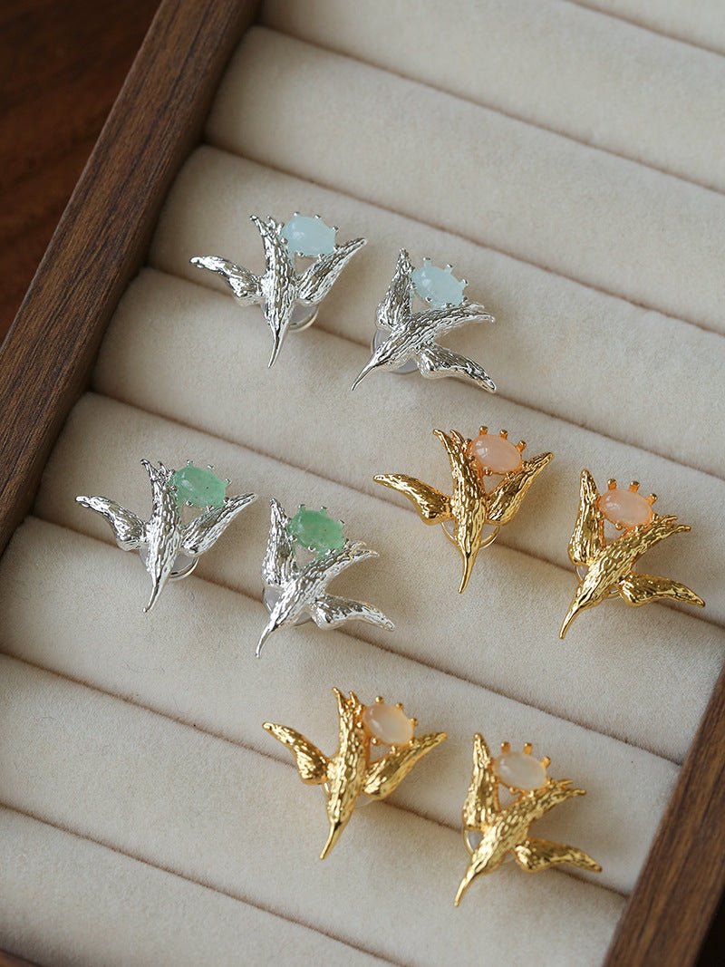 3D Soaring Bird Stud Earrings - Textured Metal with Natural Gemstones