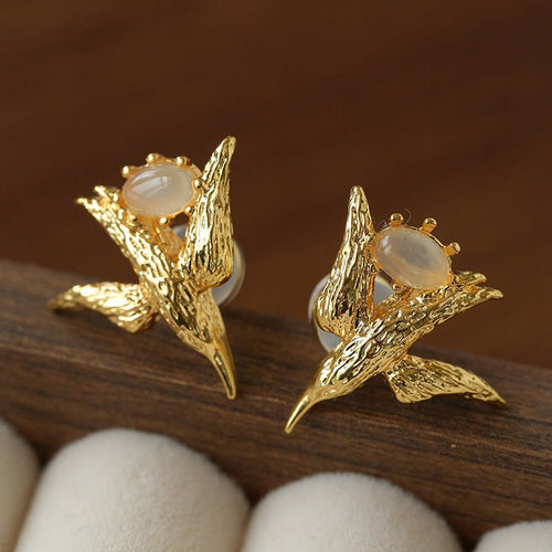 3D Soaring Bird Stud Earrings - Textured Metal with Natural Gemstones