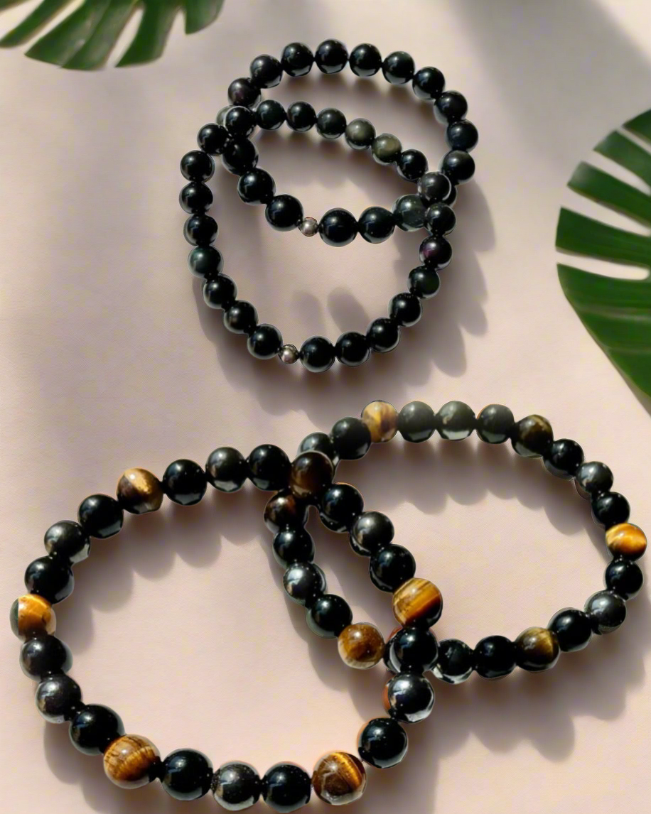 Triple Protection, Tiger Eye and Obsidian Bracelets