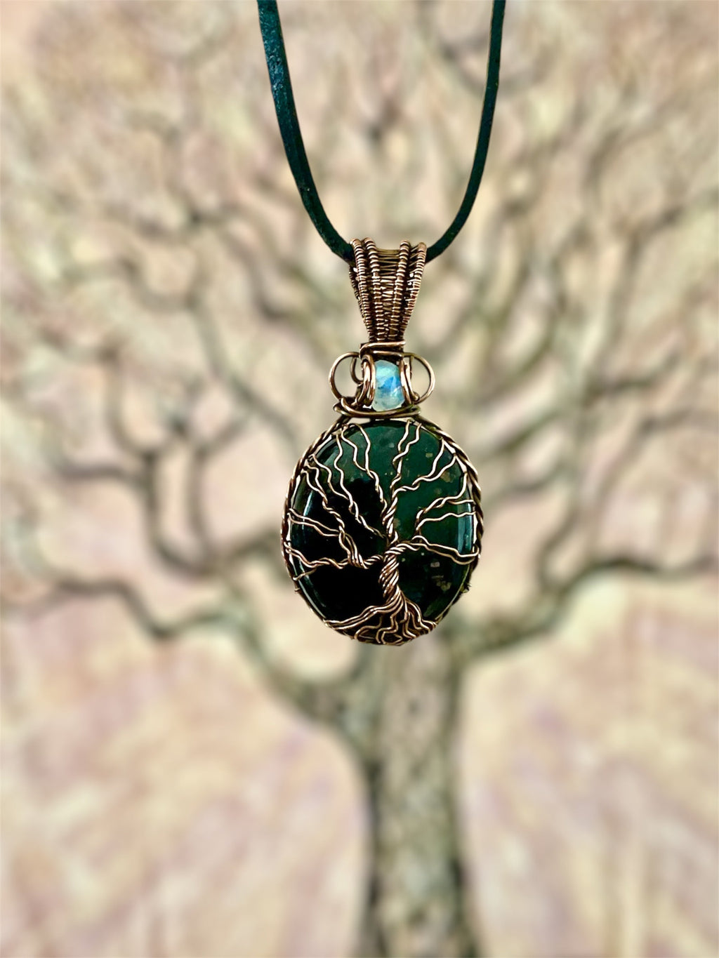 Nuummite Tree of Life Pendant With Moonstone Accent