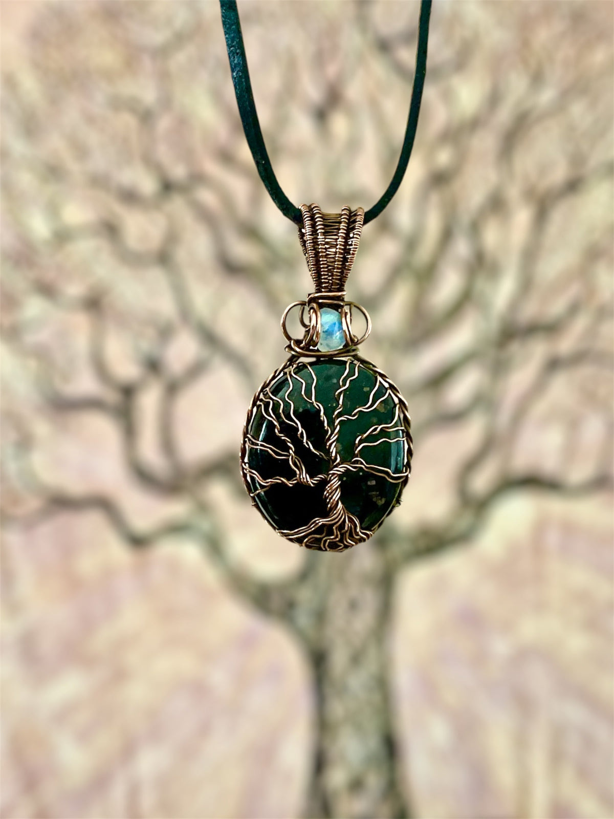 Nuummite Tree of Life Pendant With Moonstone Accent