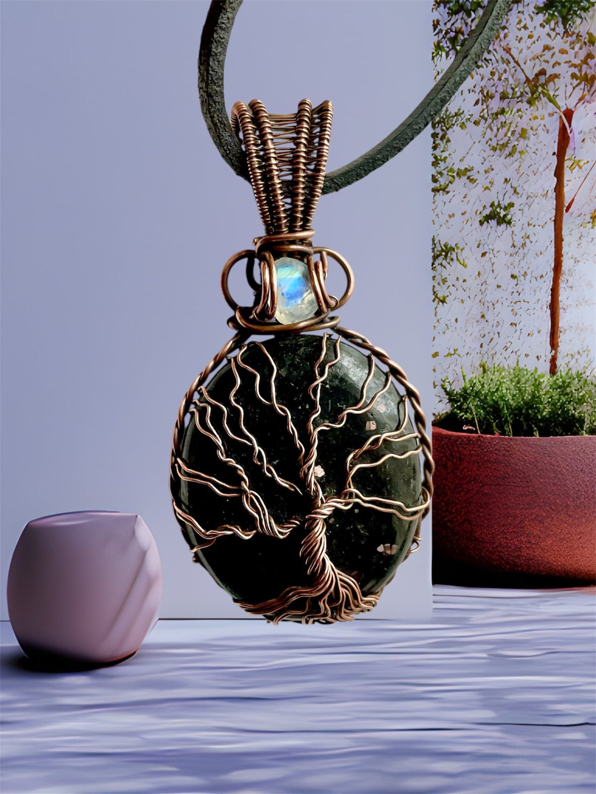 Nuummite Tree of Life Pendant With Moonstone Accent