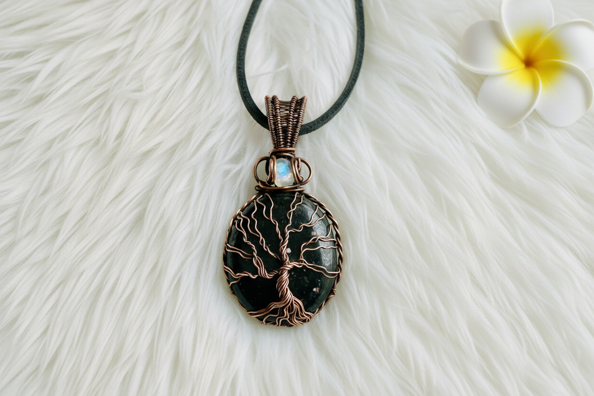 Nuummite Tree of Life Pendant With Moonstone Accent