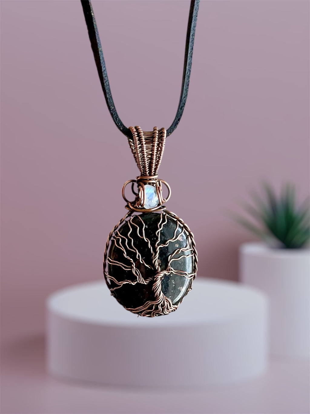 Nuummite Tree of Life Pendant With Moonstone Accent