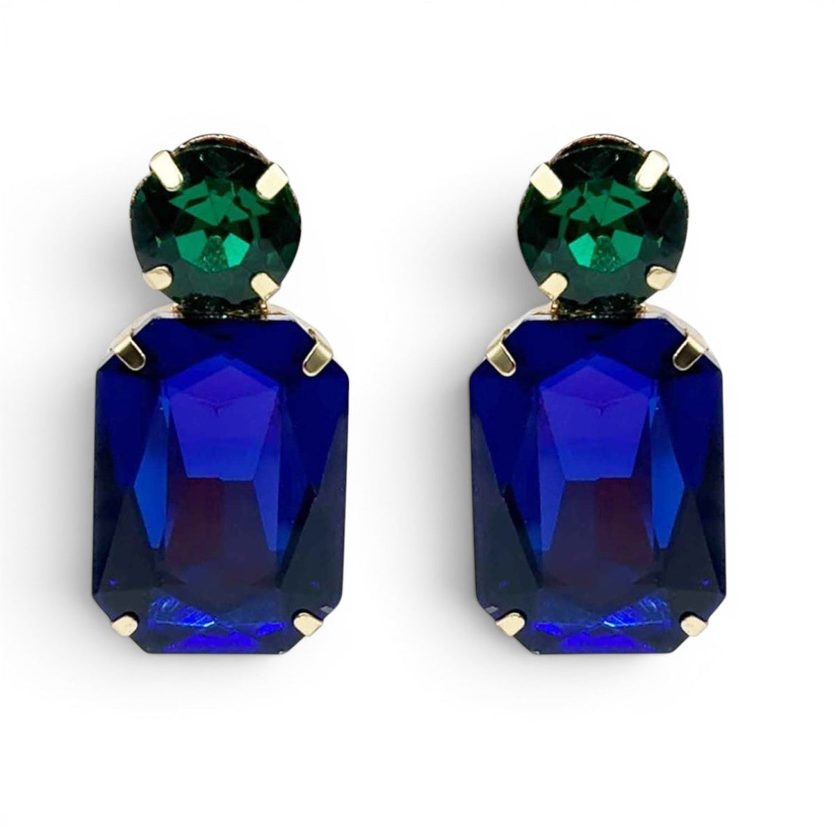 Adelle Dark Sapphire Crystal Octagon And Emerald Round Stone Drop Earrings
