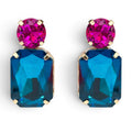 Adelle Peacock Blue Crystal Octagon And Fuchsia Round Stone Drop Earrings