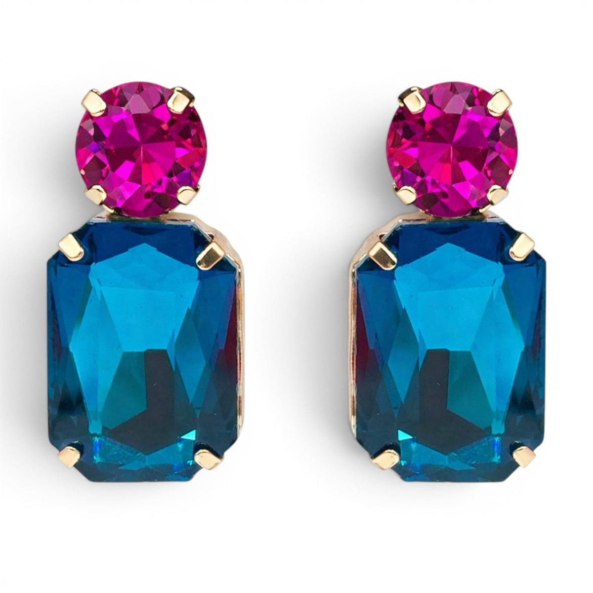 Adelle Peacock Blue Crystal Octagon And Fuchsia Round Stone Drop Earrings