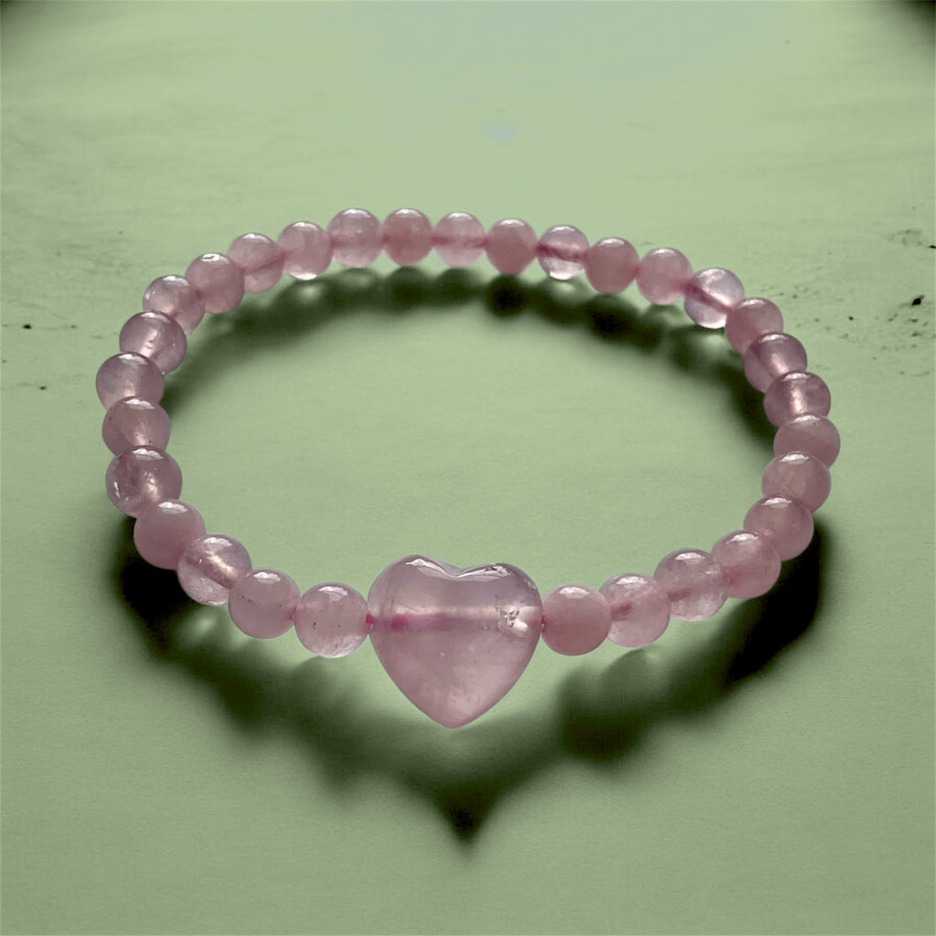 🌸 Rose Quartz Stretch Bracelet with Heart Focal