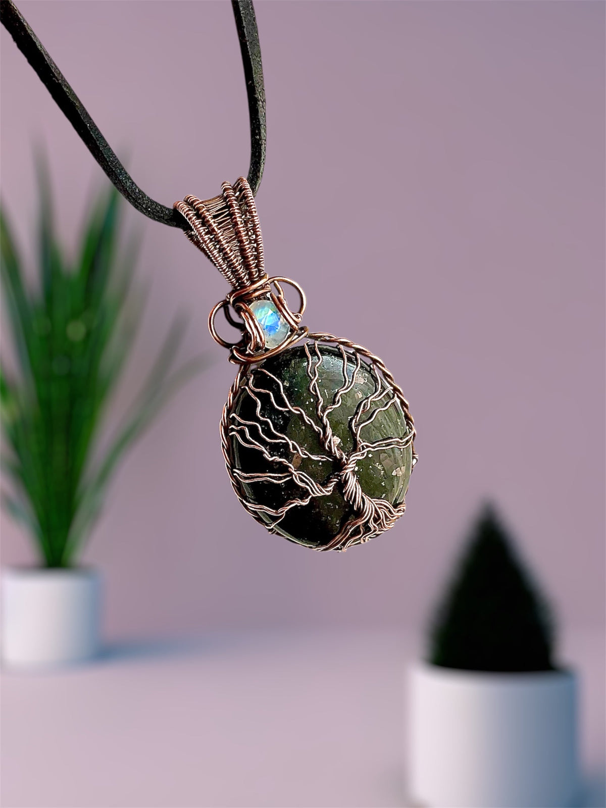 Nuummite Tree of Life Pendant With Moonstone Accent
