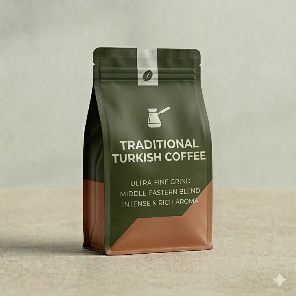 Green coffee bag labeled 'Traditional Turkish Coffee' on a beige background