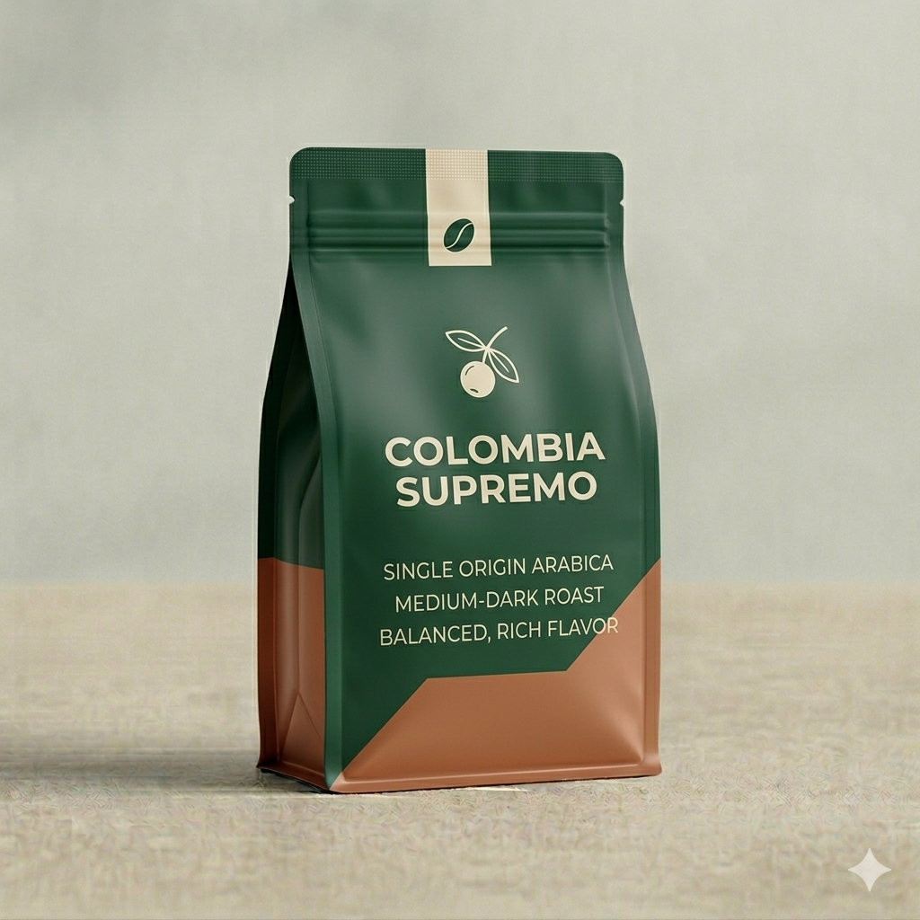 Coffee bag labeled 'Colombia Supremo' on a neutral background