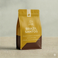Coffee bag labeled 'Brazil Santos' on a neutral background