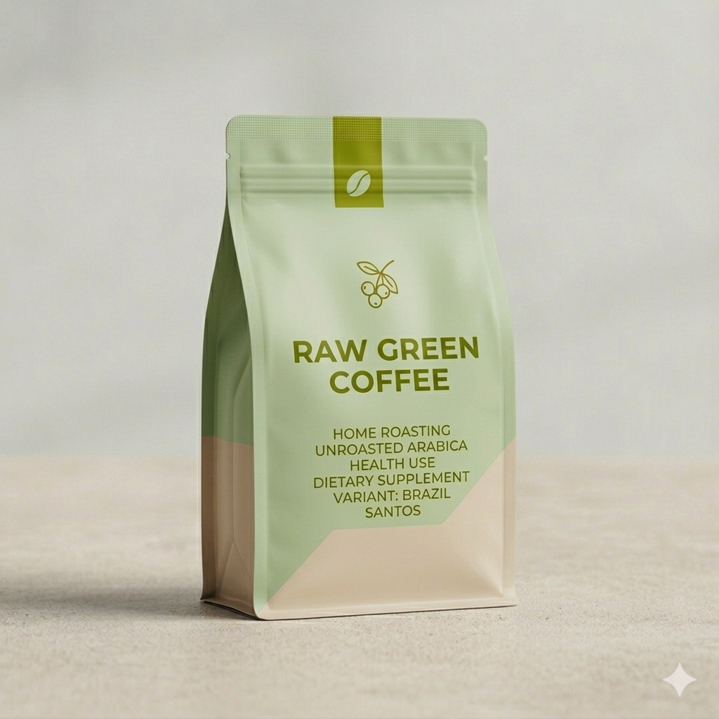 Package of raw green coffee on a light background