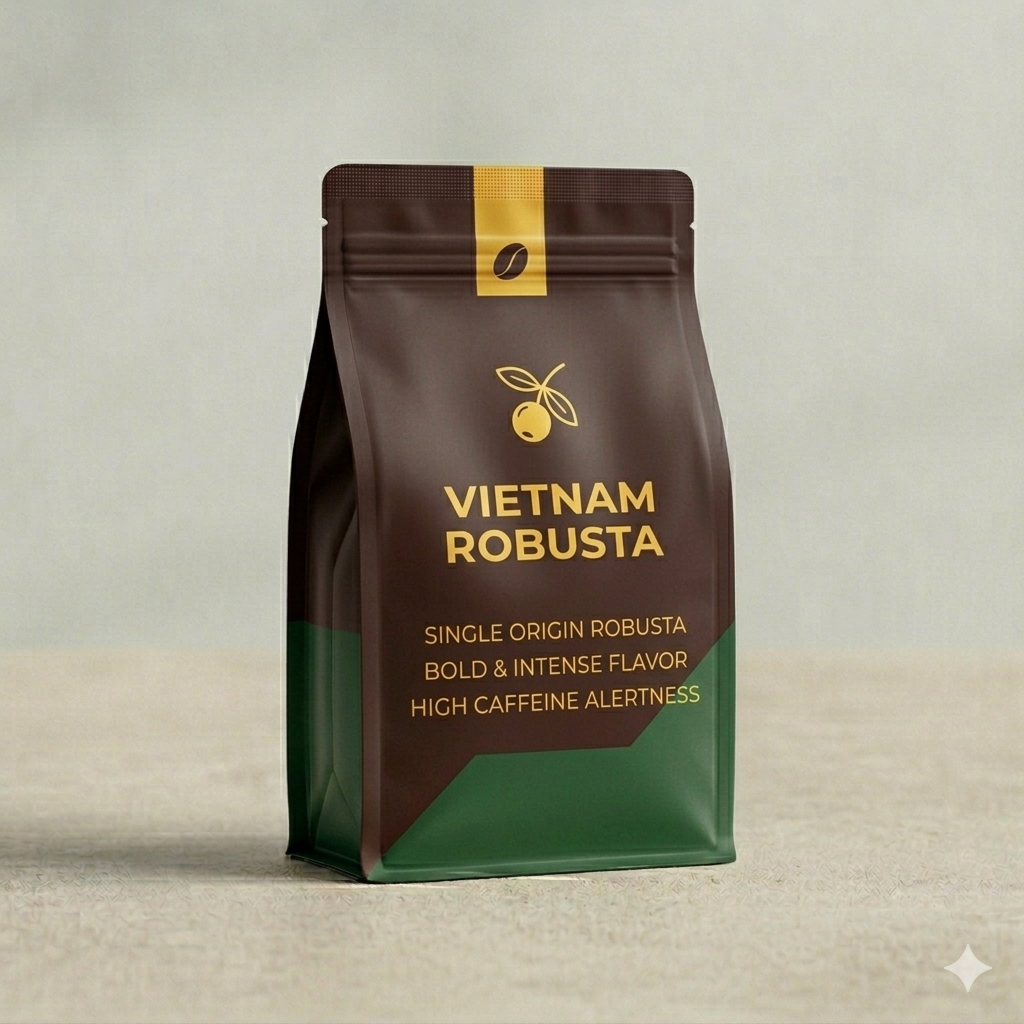 Coffee bag labeled 'Vietnam Robusta' with brown and green design on a light background
