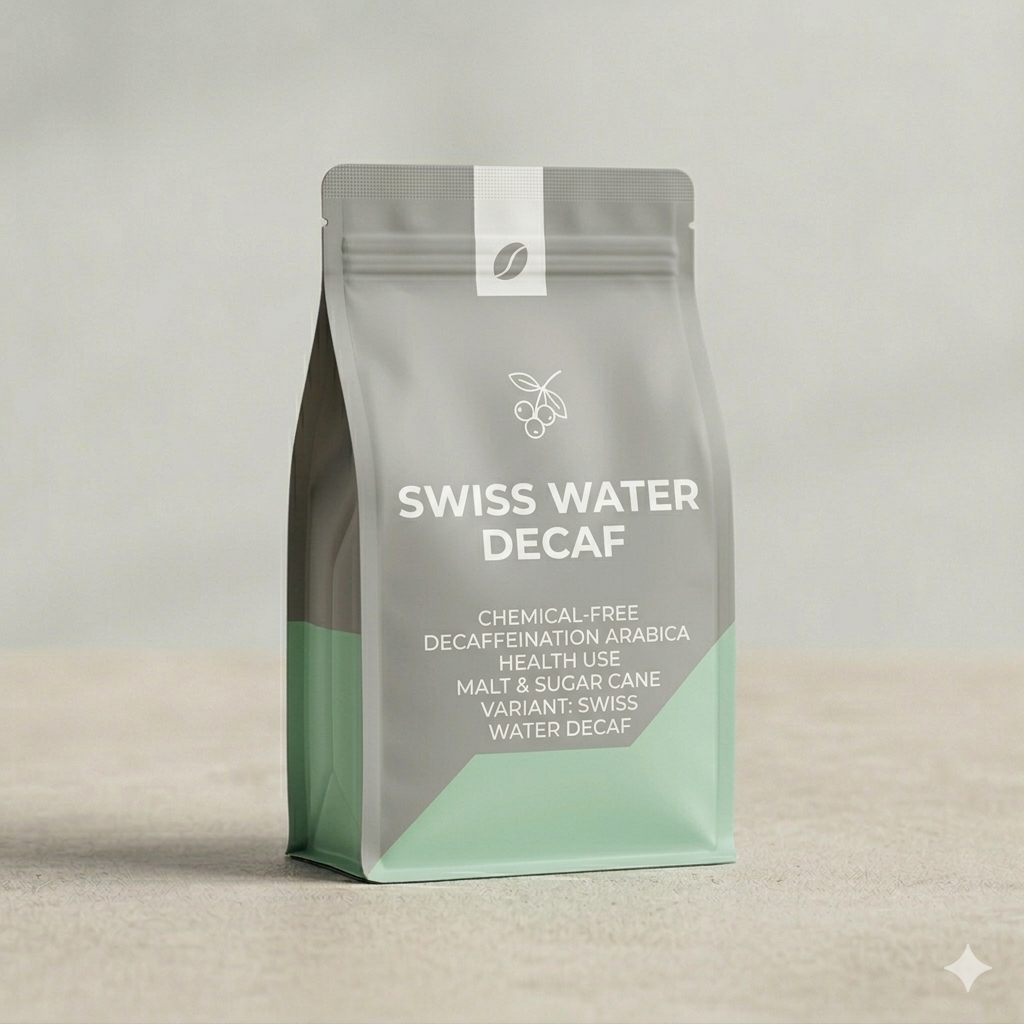 Swiss Water Decaf coffee package on a neutral background