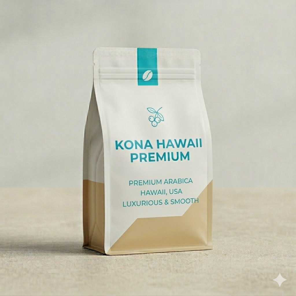 Kona Hawaii Premium coffee bag on a neutral background