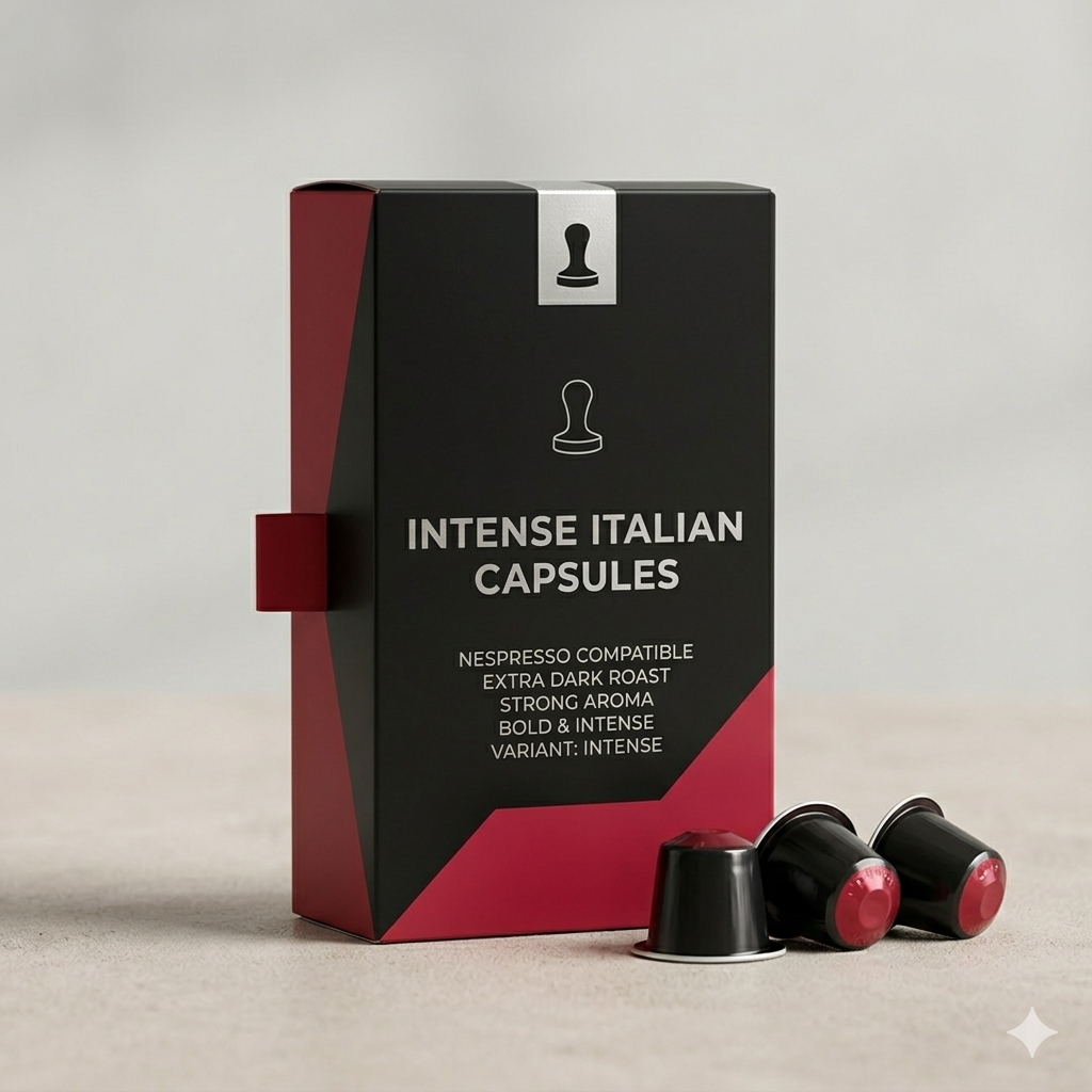 Box of Intense Italian capsules with three capsules on a beige surface