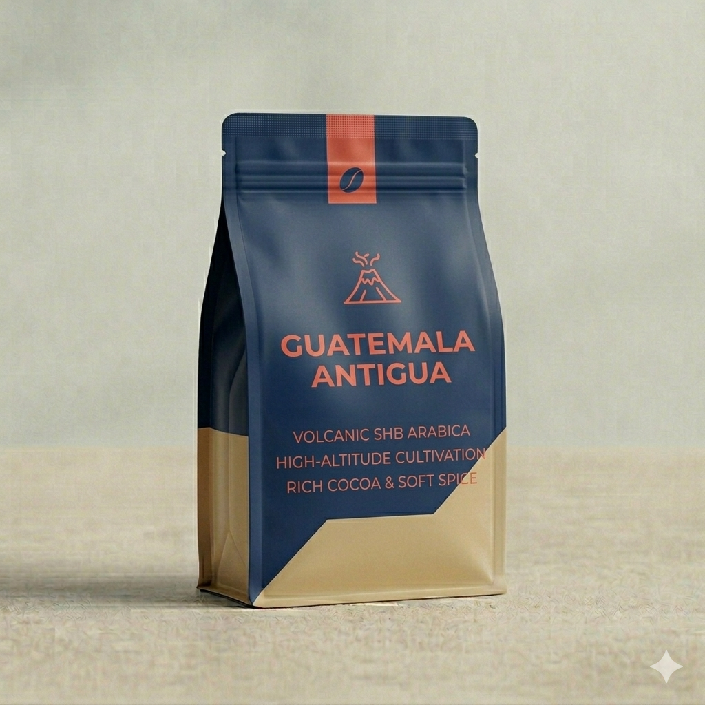 Coffee bag labeled 'Guatemala Antigua' on a beige background