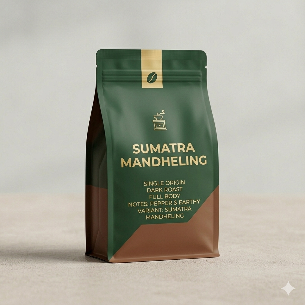 Green and brown coffee bag with 'Sumatra Mandheling' text on a light gray background