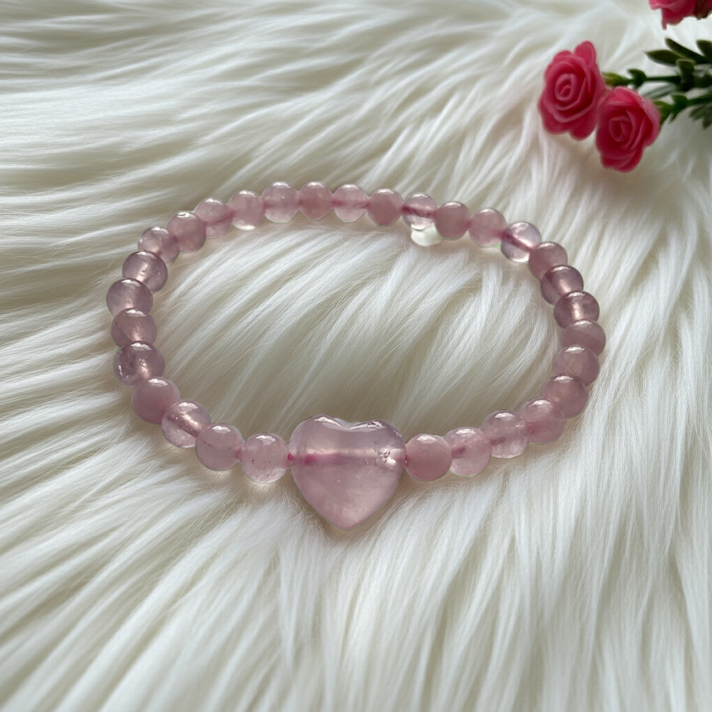 🌸 Rose Quartz Stretch Bracelet with Heart Focal