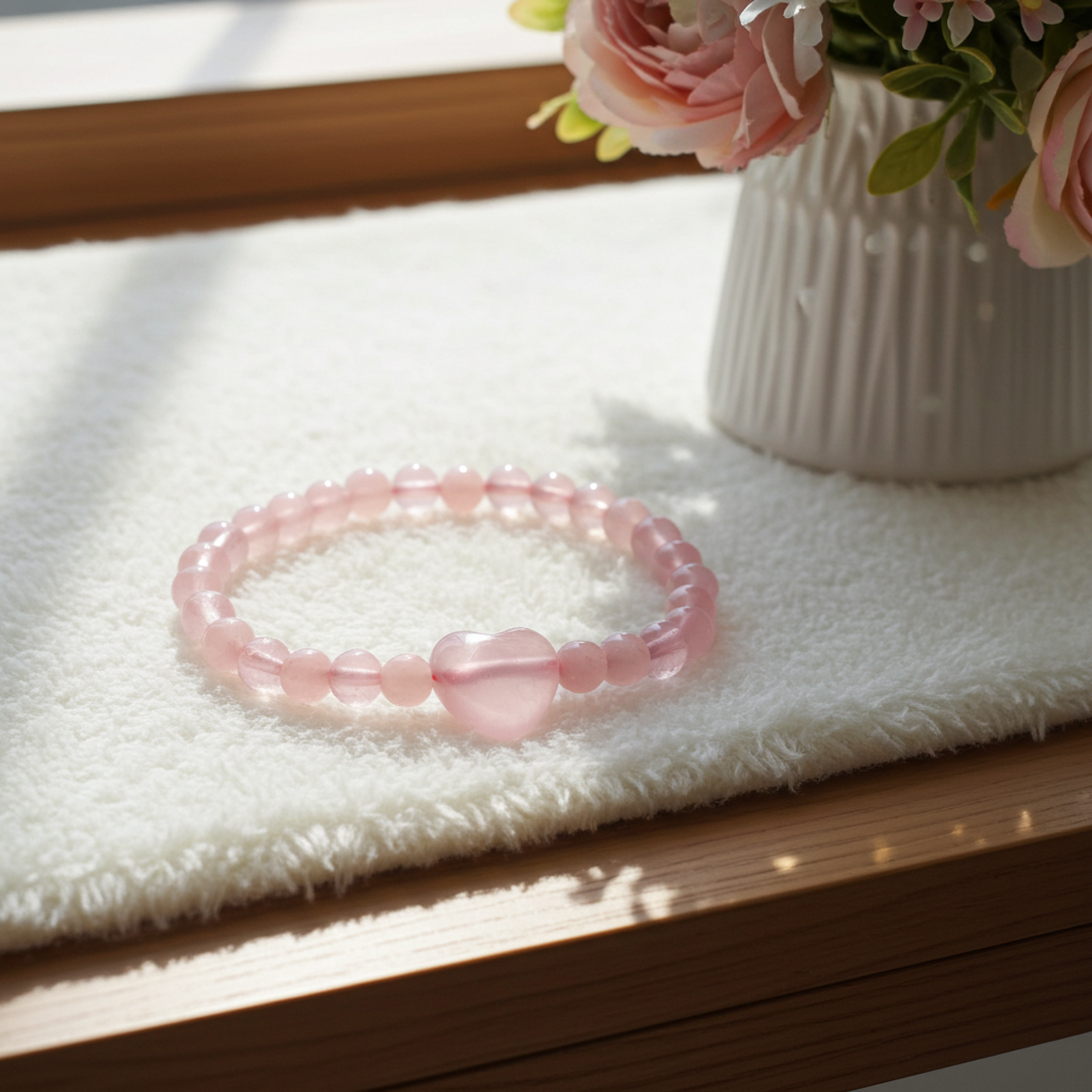 🌸 Rose Quartz Stretch Bracelet with Heart Focal