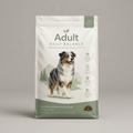 A bag of Adult Daily Balance dog food, Chicken and Brown Rice Recipe, shown on a neutral gray background. The packaging is white with sage green accents, featuring a photo of an Australian Shepherd dog on the front.
