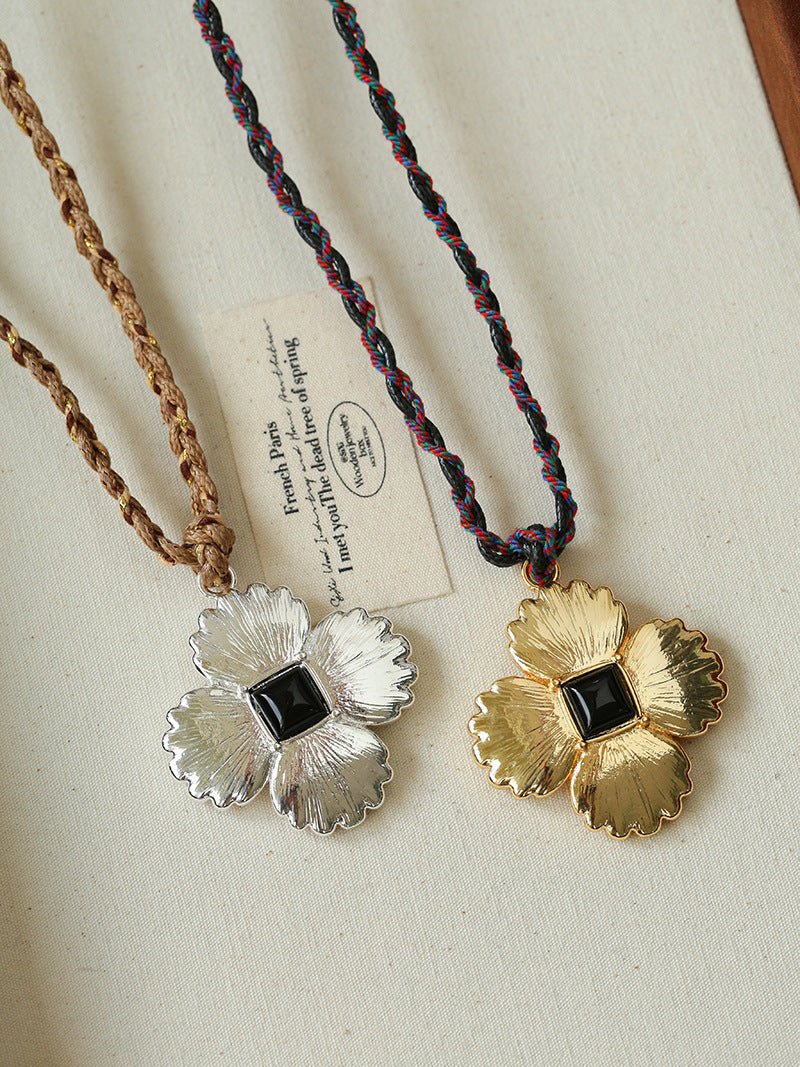 “Fortune Circle” Shell Hibiscus & Clover Long Necklace